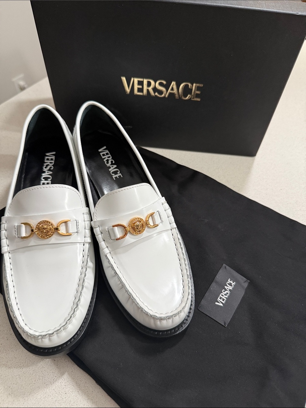 BNIB Versace White Leather Loafers with Gold Medusa Hardware